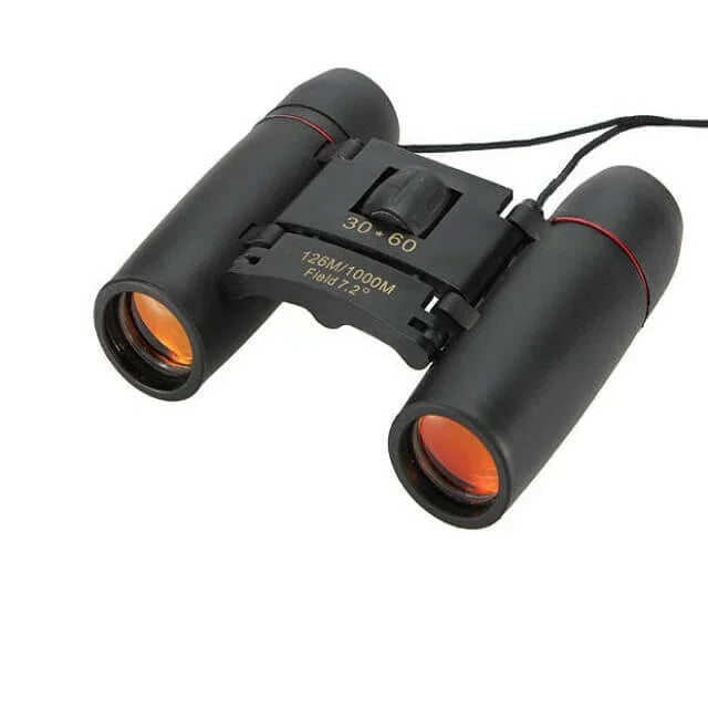 Black binoculars with orange lenses on a white background