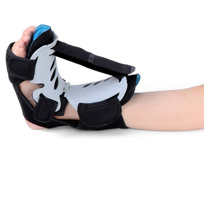 Adjustable foot drop brace for ankle support and plantar fasciitis relief, shown on foot