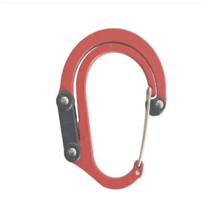 Red metal carabiner clip with black hinge, fitness and outdoor gear accessory