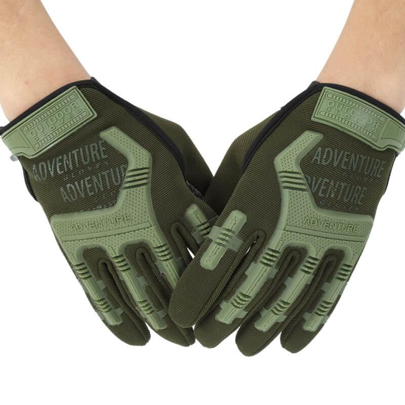 Olive green outdoor adventure gloves with protective knuckle design, worn on hands
