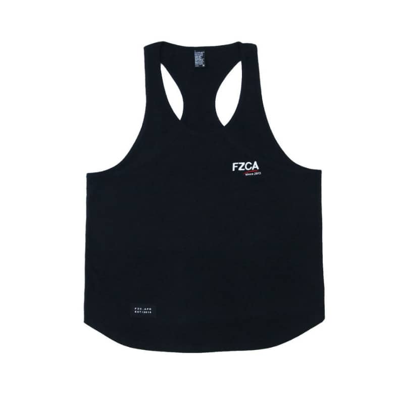 Black tank top with 'FZCA' branding on a white background