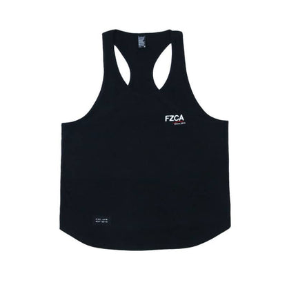 Black tank top with 'FZCA' branding on a white background