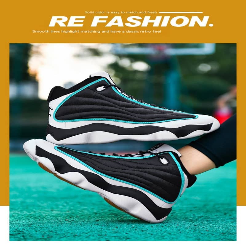 Black and white sneakers with blue accents worn by a person on a blurred outdoor background, featuring 'RE FASHION' branding.