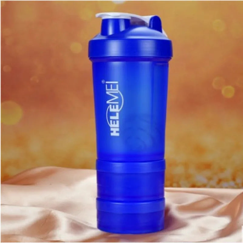 Blue shaker bottle with HELEMEI branding on a beige fabric background
