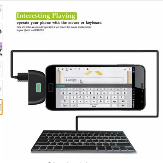 Smartphone connected to a physical keyboard via USB OTG for mobile typing productivity.