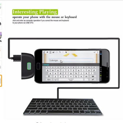 Smartphone connected to a physical keyboard via USB OTG for mobile typing productivity.