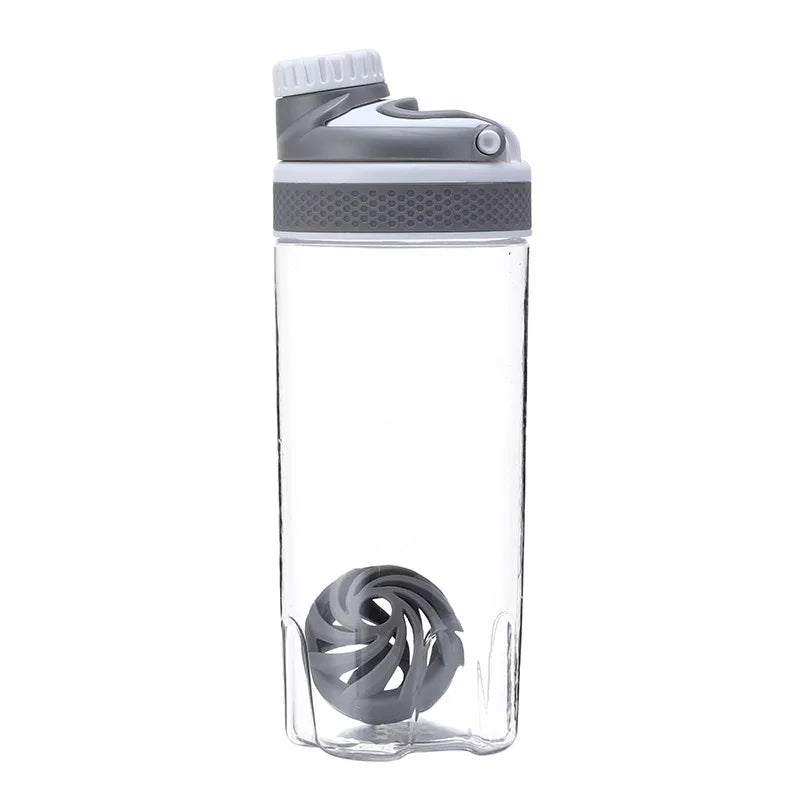 Clear water bottle with gray cap and interior filter on a white background
