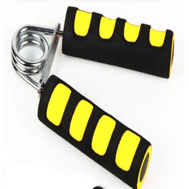 Hand grip strengthener with black and yellow foam handles for fitness training and muscle building
