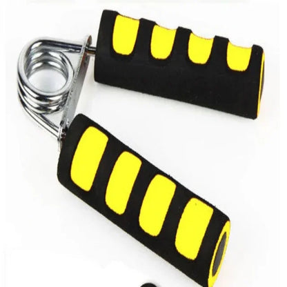 Hand grip strengthener with black and yellow foam handles for fitness training and muscle building