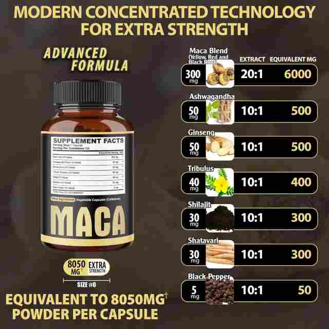 Maca supplement bottle with detailed ingredient list and dosage, highlighting extra strength formula