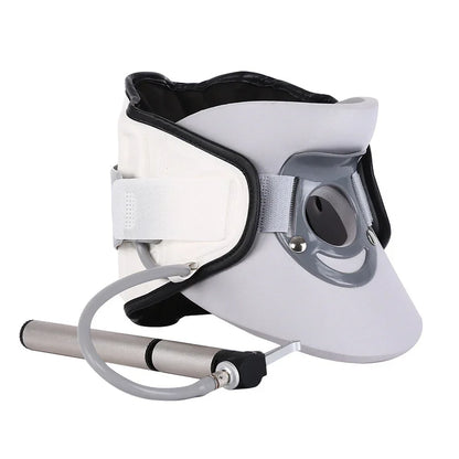Gray inflatable cervical neck traction device with adjustable strap and hand pump for fitness and rehabilitation
