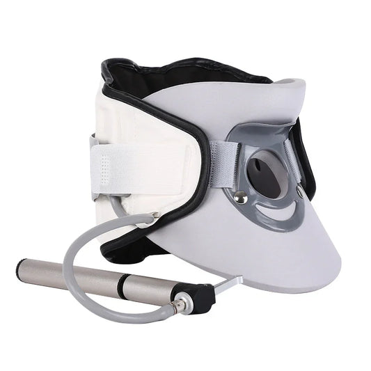 Gray inflatable cervical neck traction device with adjustable strap and hand pump for fitness and rehabilitation