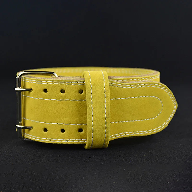 Yellow suede weightlifting belt with double prong buckle and reinforced white stitching