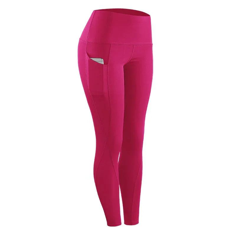 Bright pink high-waisted fitness leggings with side pocket holding a smartphone, designed for active workouts