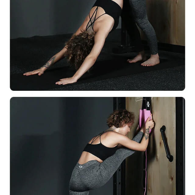 Woman performing advanced stretch exercises with resistance bands in gym setting