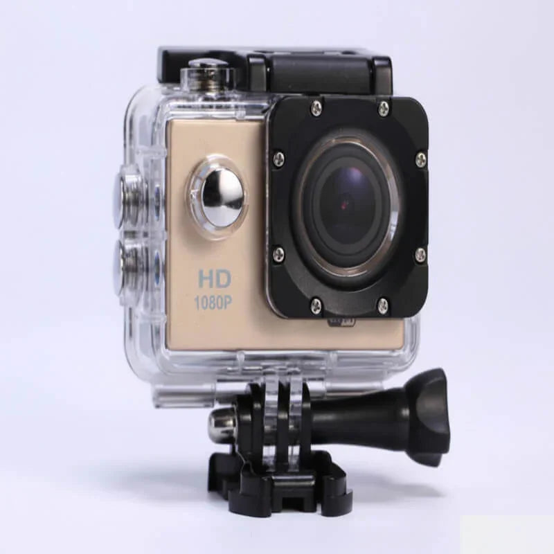 HD 1080P action camera in waterproof case with mounting bracket, fitness gear photography