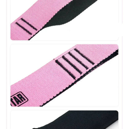 Pink fabric resistance band with black stripes, ideal for strength training exercises