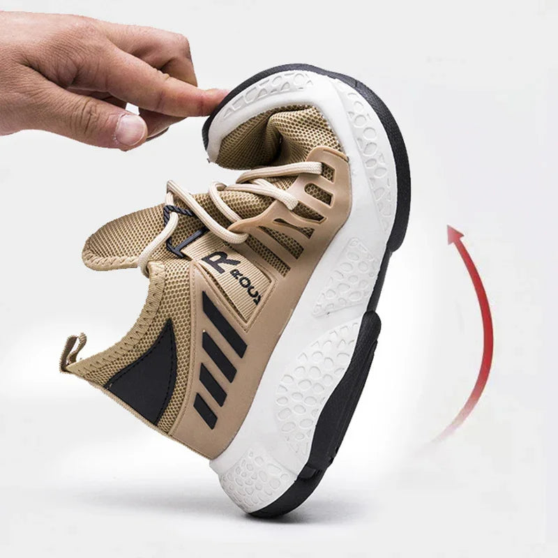 Hand bending flexible beige and black athletic shoe with white sole for workout comfort