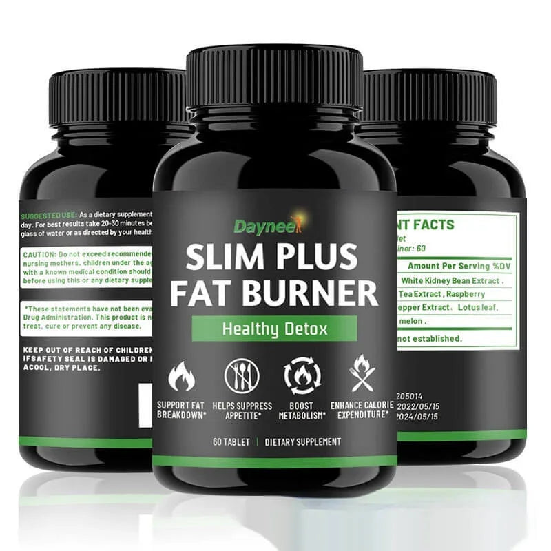 Slim Plus Fat Burner supplement bottles, healthy detox dietary tablets for metabolism and appetite control