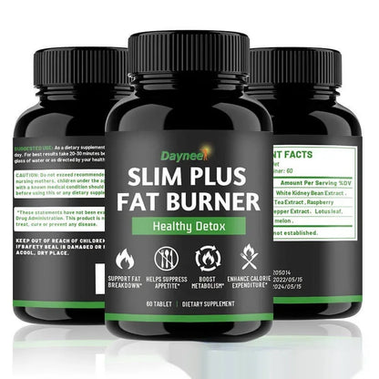 Slim Plus Fat Burner supplement bottles, healthy detox dietary tablets for metabolism and appetite control