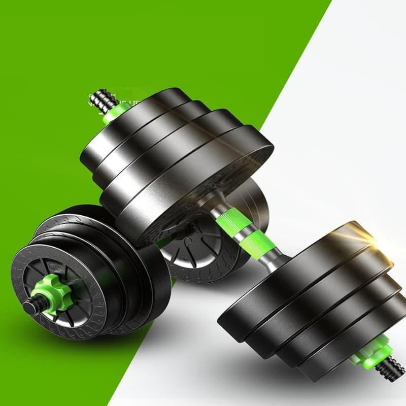 Pair of adjustable dumbbells on a green and white background