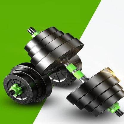 Pair of adjustable dumbbells on a green and white background