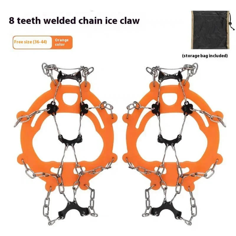 Orange 8-teeth ice traction cleats with welded chains and storage bag for hiking boots.