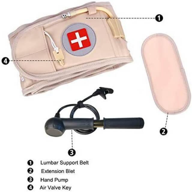Lumbar support belt with extension blut, hand pump, and air valve key on a white background.