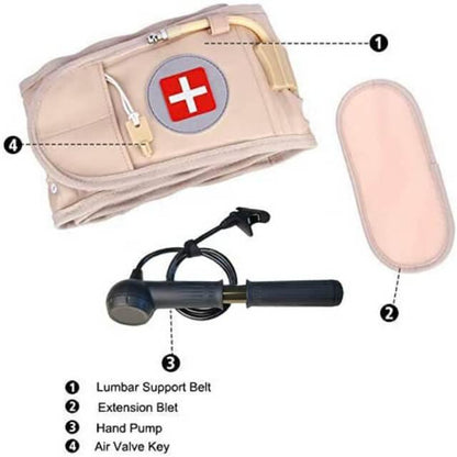 Lumbar support belt with extension blut, hand pump, and air valve key on a white background.