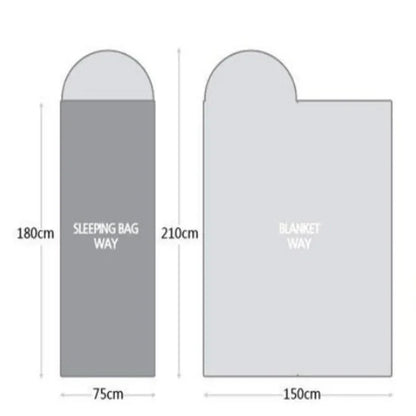 Size comparison diagram of sleeping bag and blanket layout with measurements in centimeters