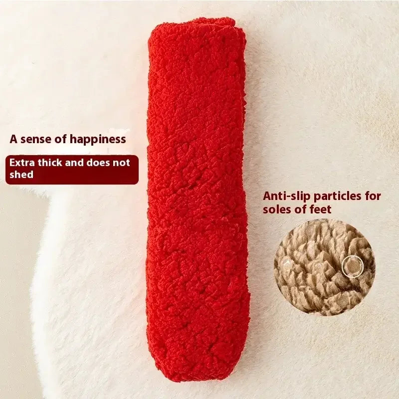 Thick red fuzzy fitness sock with anti-slip sole, extra soft and non-shedding material.