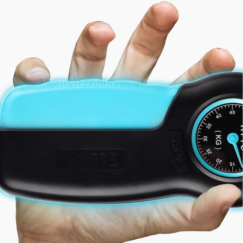 Hand holding a blue and black grip strengthener with a digital display.