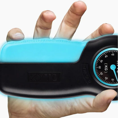 Hand holding a blue and black grip strengthener with a digital display.
