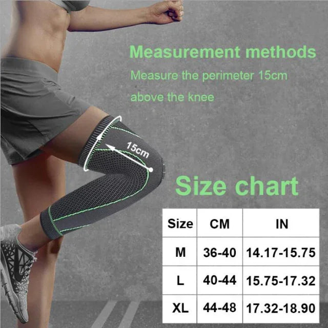 Sporty woman wearing knee compression sleeve, leg bent, with size chart and measurement guide.