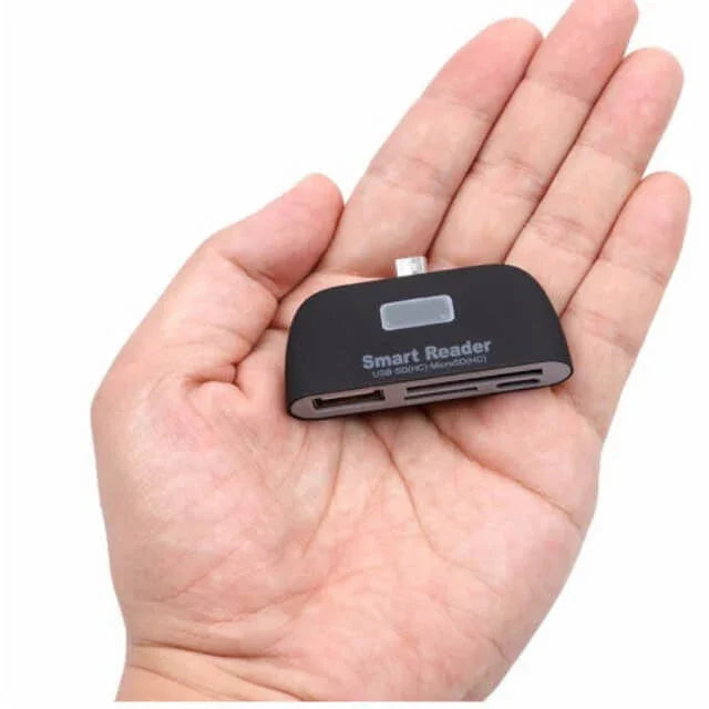 Compact USB smart card reader for SD and microSD cards shown in a person's hand