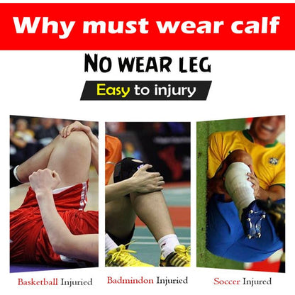 Collage of injured legs from basketball, badminton, and soccer with text about wearing calf support.