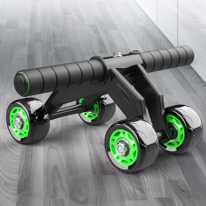 Black and green exercise roller on a wooden floor