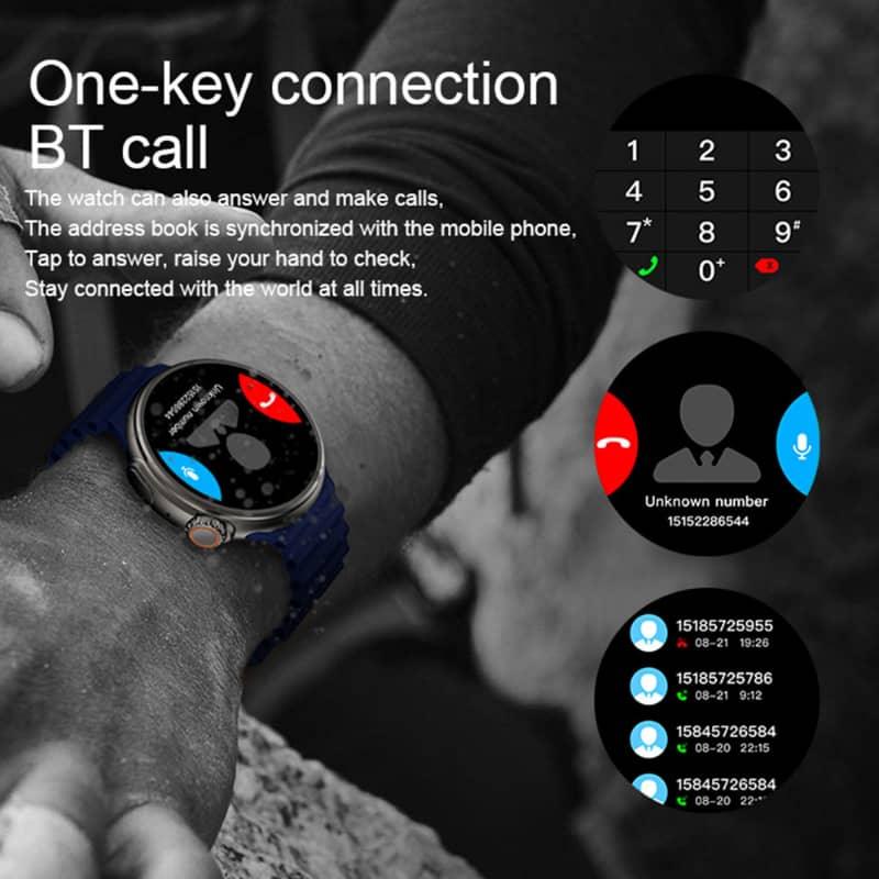 Smartwatch with Bluetooth call feature on wrist, showing call interface and dial pad