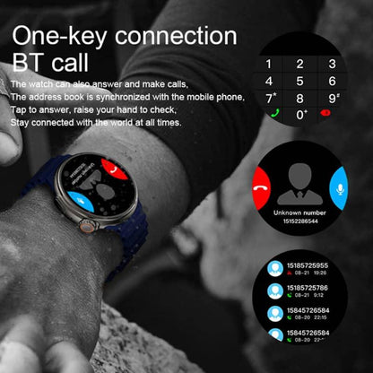 Smartwatch with Bluetooth call feature on wrist, showing call interface and dial pad