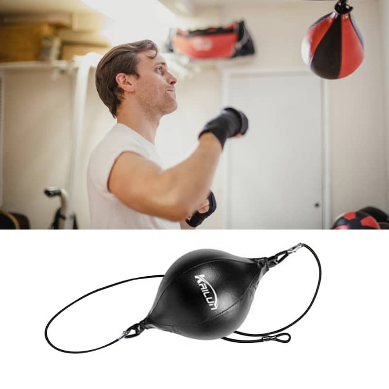 Man training with a speed bag in a home gym setting
