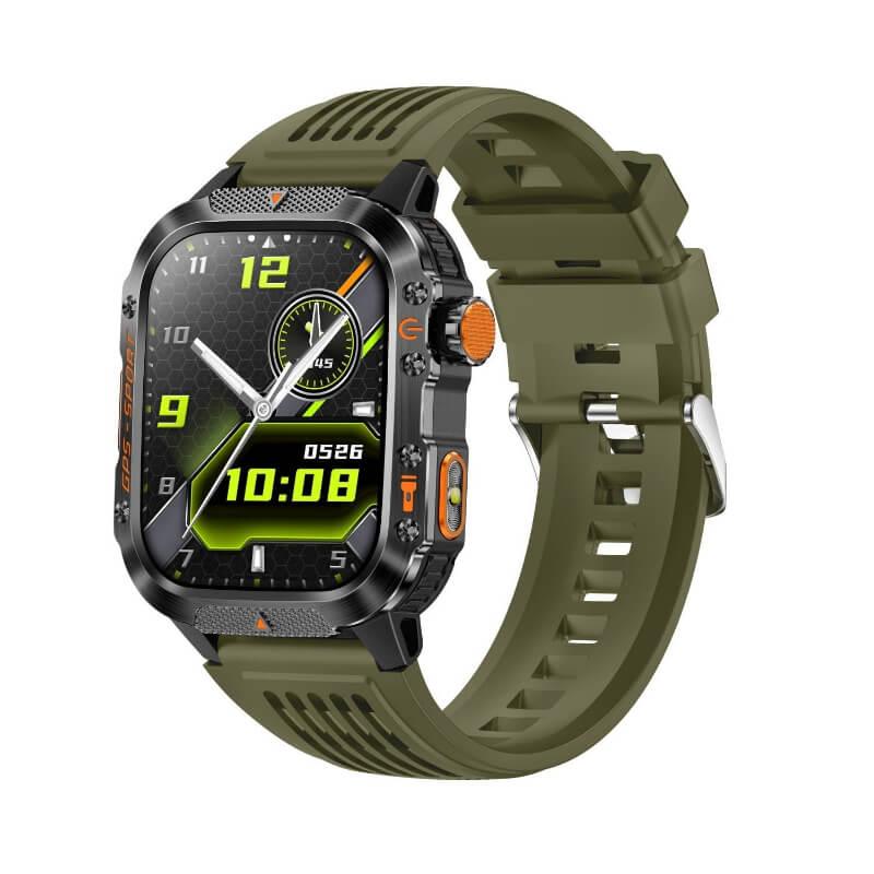 Rugged fitness smartwatch with green silicone band, digital and analog display