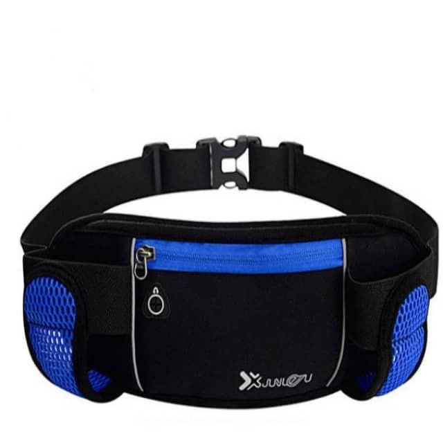 Black waist bag with blue accents and XANES branding on a white background