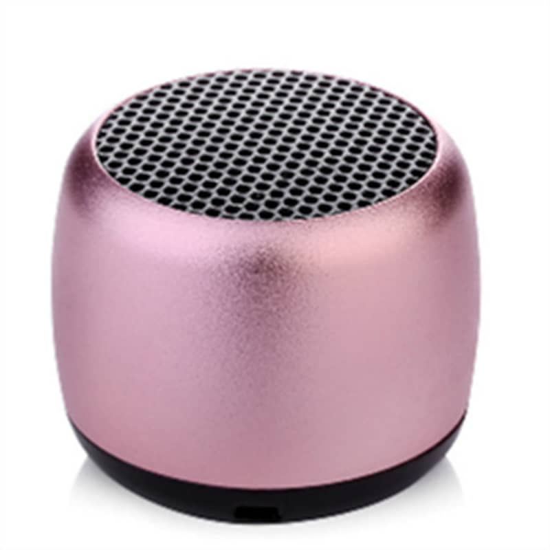 Pink portable speaker with black mesh on a white background