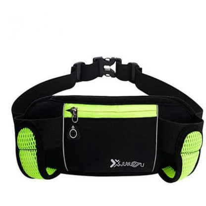 Black waist bag with green accents and a visible brand logo on a white background
