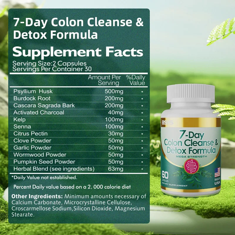 Supplement bottle labeled '7-Day Colon Cleanse & Detox Formula' with supplement facts on a green background.
