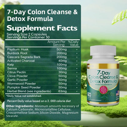 Supplement bottle labeled '7-Day Colon Cleanse & Detox Formula' with supplement facts on a green background.