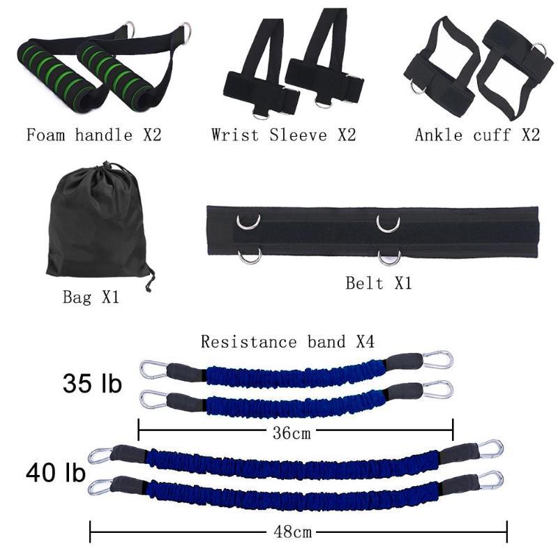 Collection of fitness equipment including foam handles, wrist sleeves, ankle cuffs, a bag, a belt, and resistance bands with measurements.