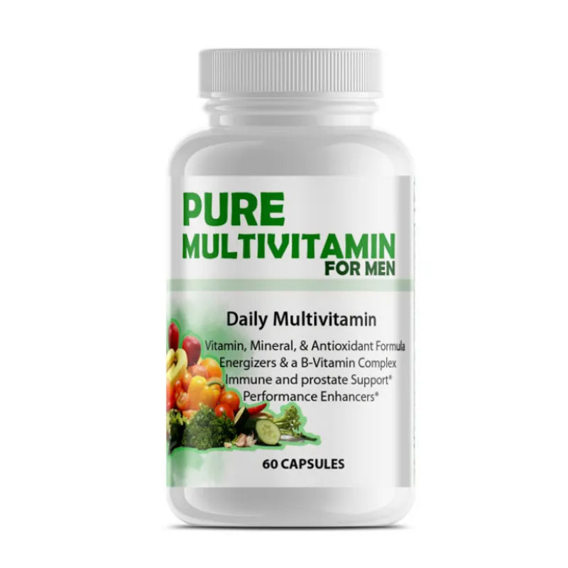 A white plastic bottle of Pure Multivitamin for Men with a white cap, featuring a label with green text and a colorful illustration of fruits and vegetables, set against a plain white background.