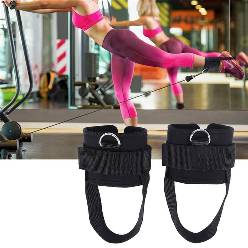 Black ankle straps with a gym setting in the background