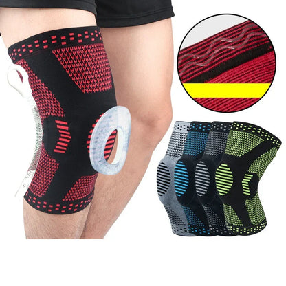 Compression knee sleeve with patella support, shown in multiple colors for fitness and injury recovery